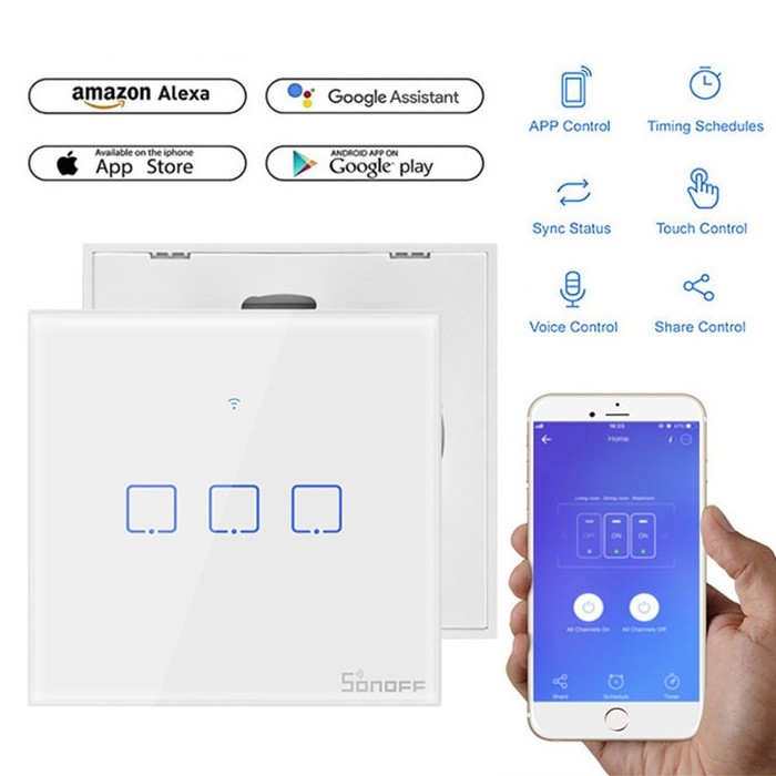 Wifi вимикач Sonoff Touch TX T0 3 Кнопки — Сенсорна панель 3 канали з LED-підсвіткою (AC 250 В/6А), фото 1