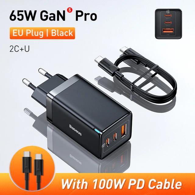 Зарядний пристрій BASEUS GaN5 Pro 65W (2 USB Type-C + USB Type-A) 65Вт PD3.0 QC4.0 + Кабель Type-C 100W PD, фото 1