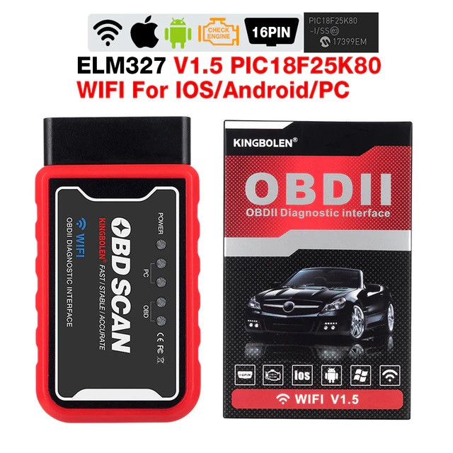 Автосканер KINGBOLEN ELM327 OBD2 v1.5 PIC18F25K80 Wi-Fi адаптер для діагностики авто, фото 1