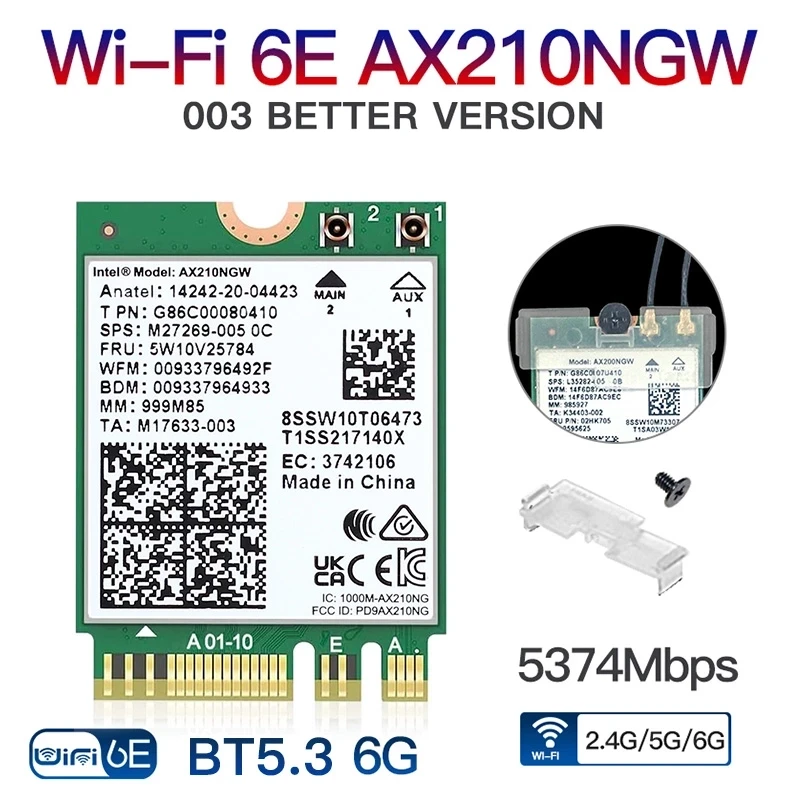 Wi-Fi адаптер Intel AX210 Wi-Fi 6E 802.11ax M.2 тридіапазонний 2.4G/5G/6G 5374Mbps Bluetooth 5.3 (AX210NGW), фото 1