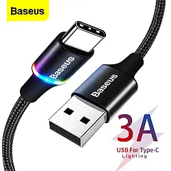 Кабель Baseus Halo Data Cable USB — Type-C LED, 3A, QC3.0, 1 м, Нейлонове обплетення, Чорний