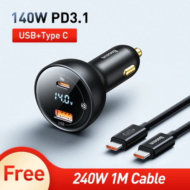 Автомобільний зарядний пристрій Baseus 140W (USB Type-C + Type-A) 140Вт 160W PD3.1 QC3.0 + Кабель Type-C 240W, фото 1