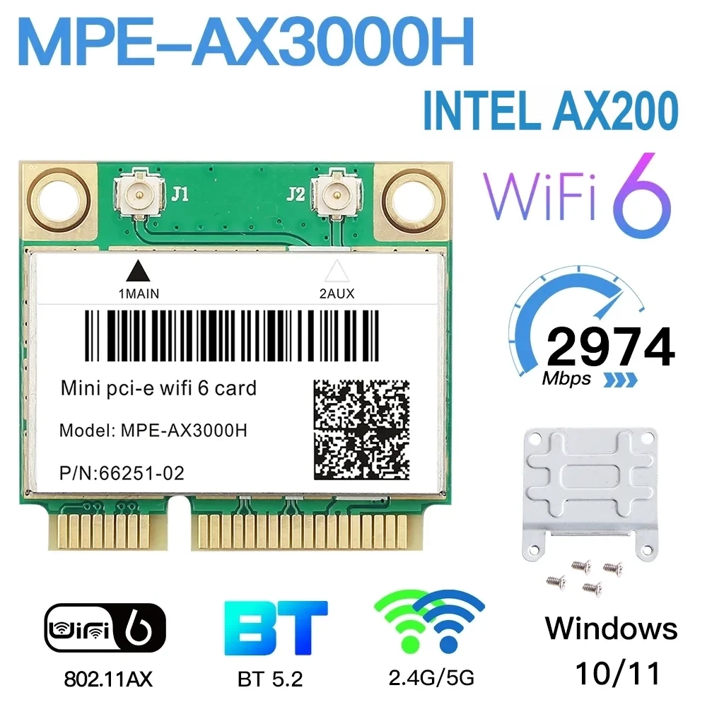 Wi-Fi адаптер Intel AX200 MPE-AX3000H Wi-Fi 6 802.11ax Mini PCI-E тридіапазонний 2.4G/5G/6G Bluetooth 5.2, фото 1