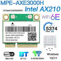 Wi-Fi адаптер Intel AX210 MPE-AXE3000H Wi-Fi 6E 802.11ax Mini PCI-E тридіапазонний 2.4G/5G/6G Bluetooth 5.3