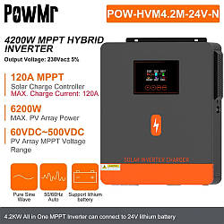 Гібридний сонячний інвертор PowMr 4200W POW-HVM4.2M-24V-N 4.2kW, 24В DC - 230В AC, 120A MPPT, On-Grid, UPS
