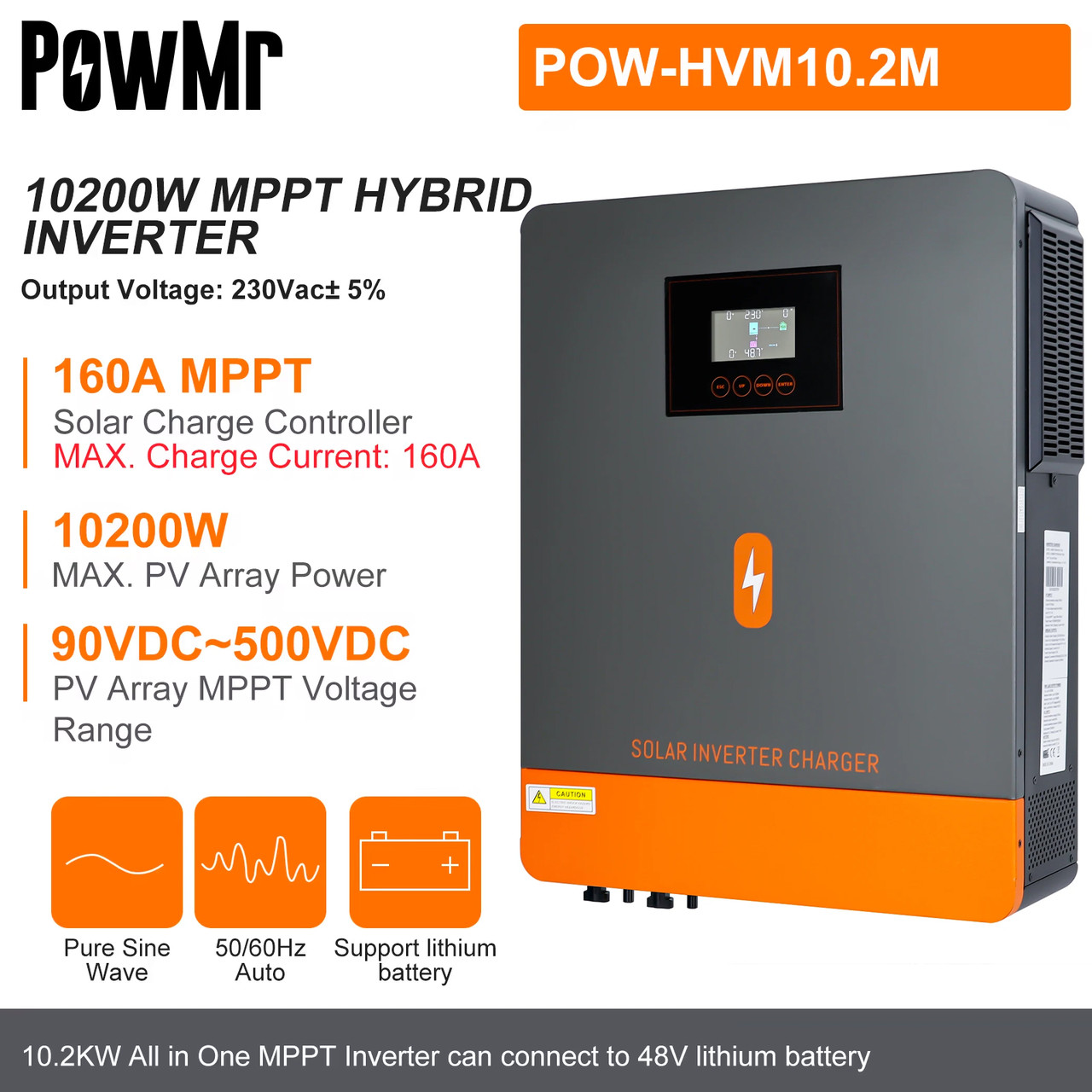 Гібридний сонячний інвертор PowMr 10200W POW-HVM10.2M - 48V 10.2kW, 48В DC - 230В AC, 160A MPPT, On-Grid, UPS, фото 1