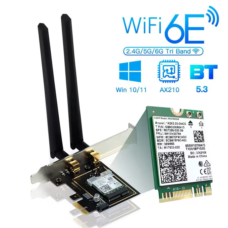 Мережева карта Fenvi Intel AX210 AXE3000 Wi-Fi 6E 802.11ax PCI-E адаптер 2.4G/5G/6G Bluetooth 5.3 (AX210NGW), фото 1