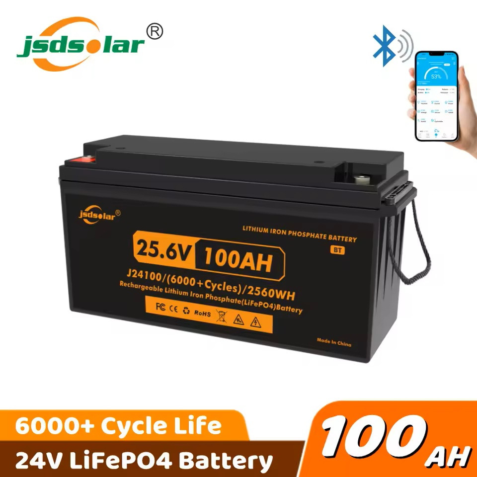 Акумулятор Jsdsolar LiFePo4 24V 100Ah 2560Wh Bluetooth Grade A 6000+ Батарея J24100 24В BMS 8S 25.6V 100A, фото 1